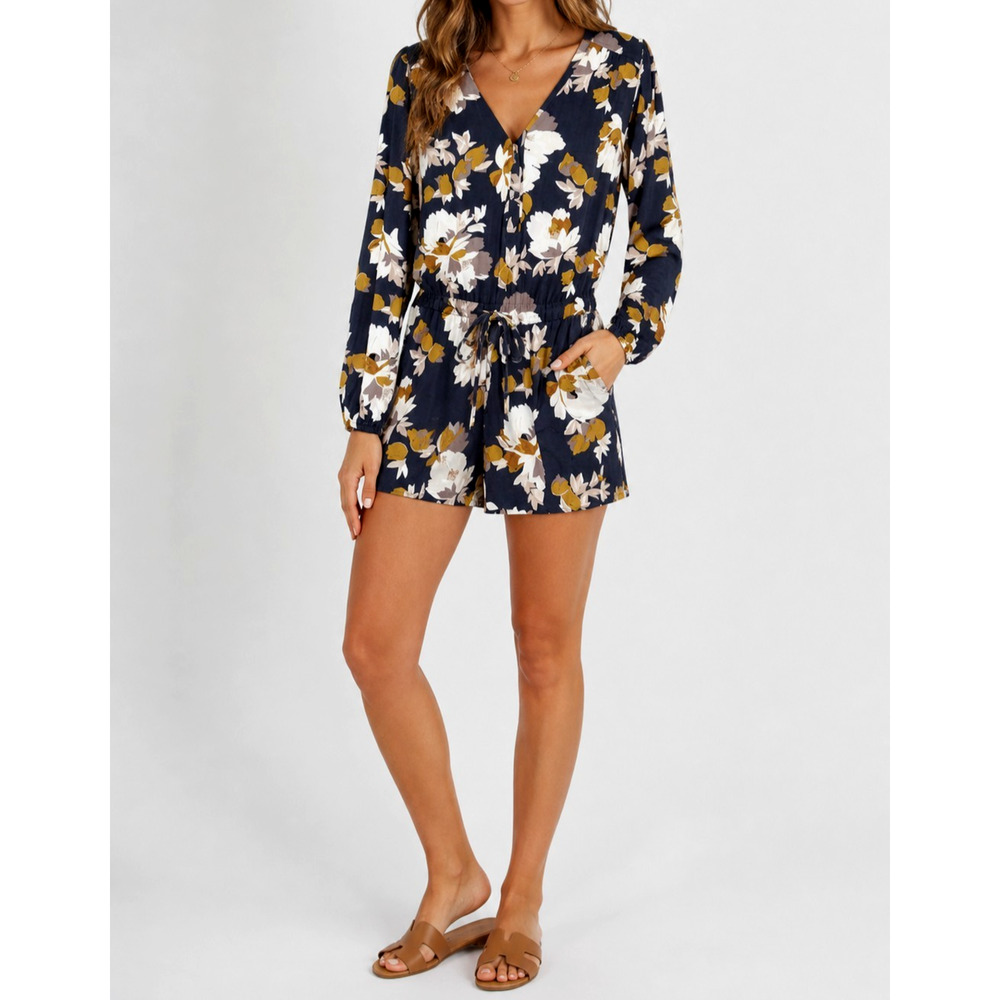 Boho Romper Shorts Womens Small Floral Long Sleeve Laid-Back Luxe Old Navy
